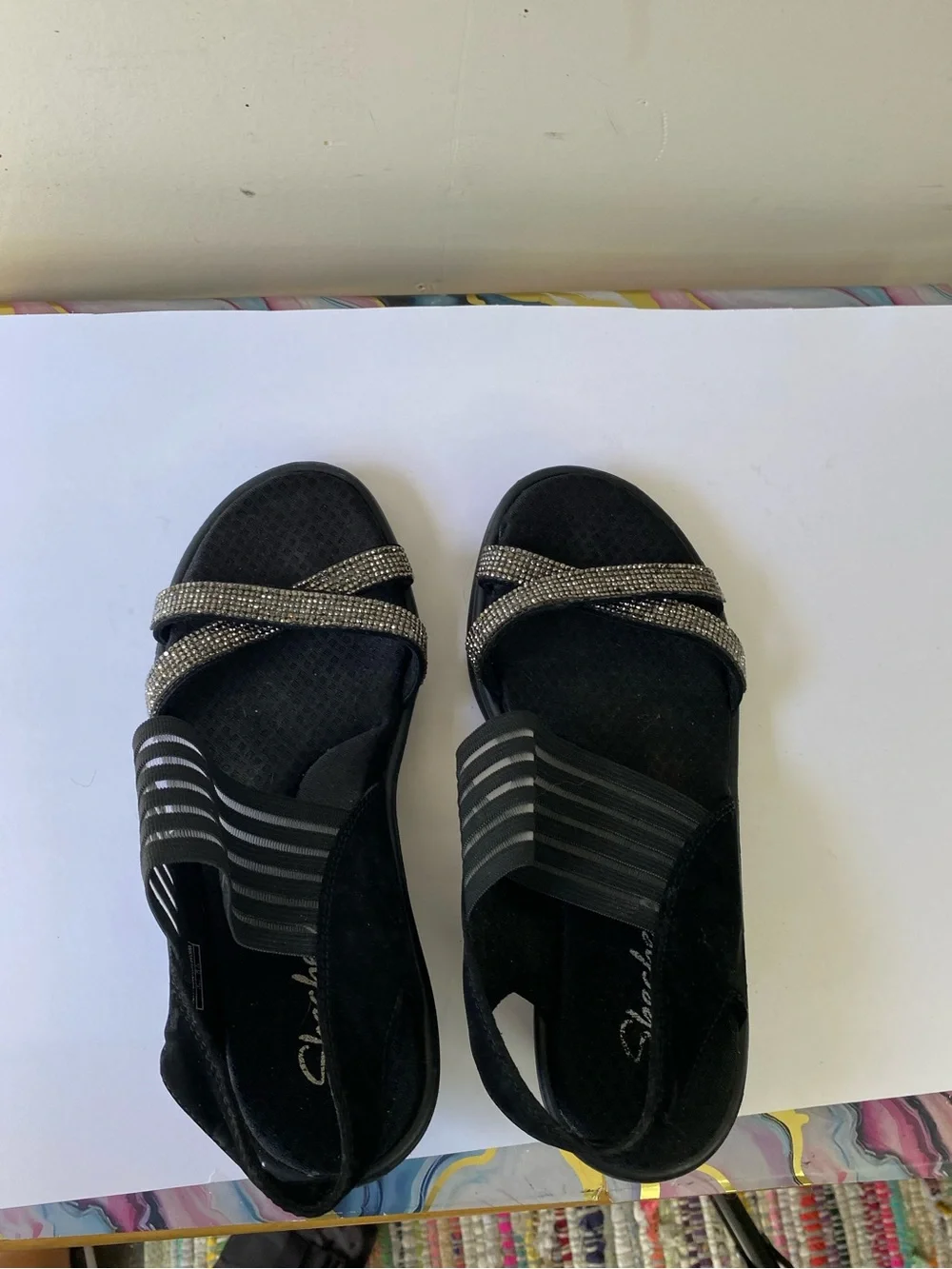 Skechers Rumblers Black Rhinestone Wedge Sandals Striped Elastic Size 7W Y2K
